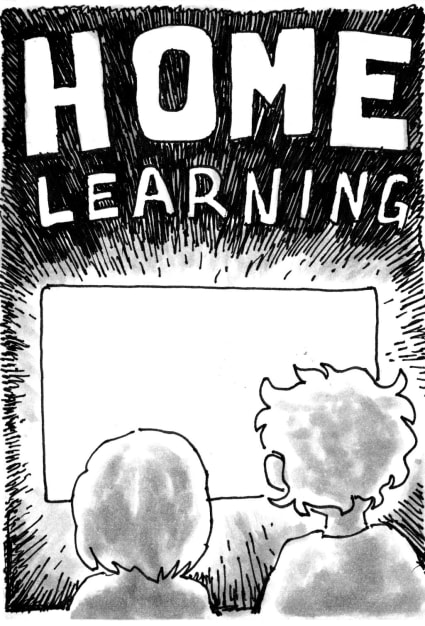 Home Learning - two children stare into a blazing white TV screen.