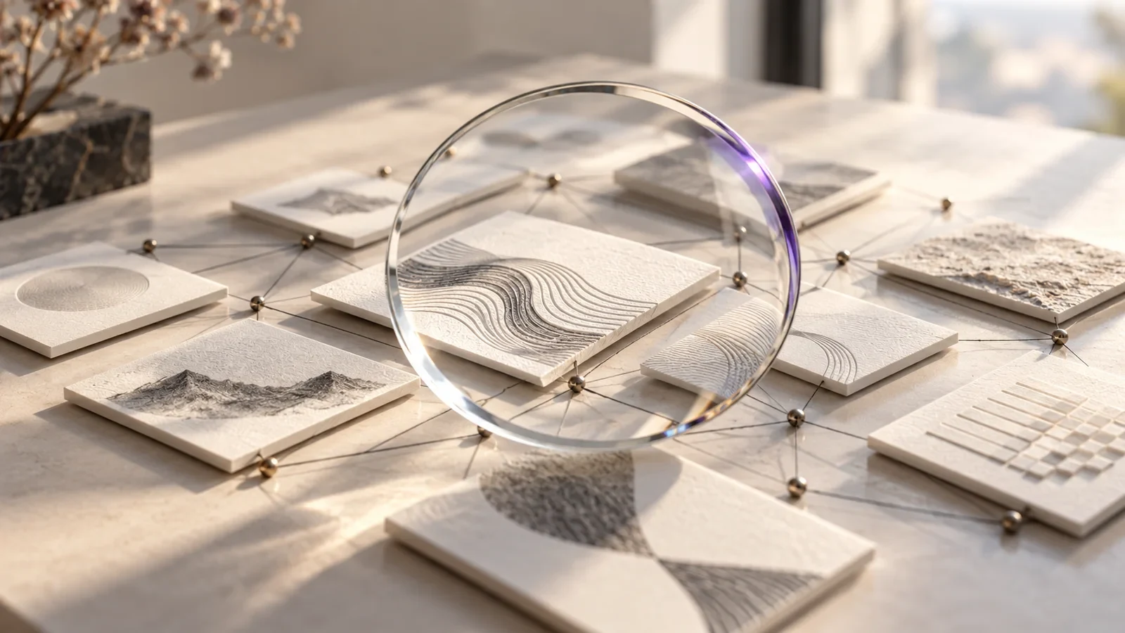 Glass lens over connected content tiles on a light desk, illustrating AI search discovery