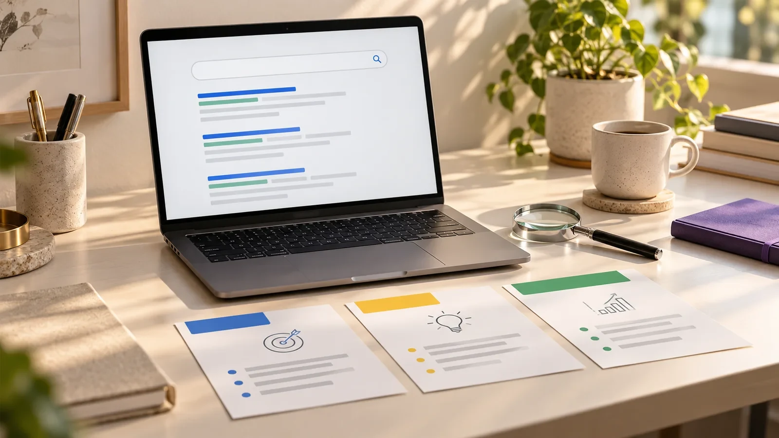 Laptop, magnifying glass and campaign planning cards on a desk