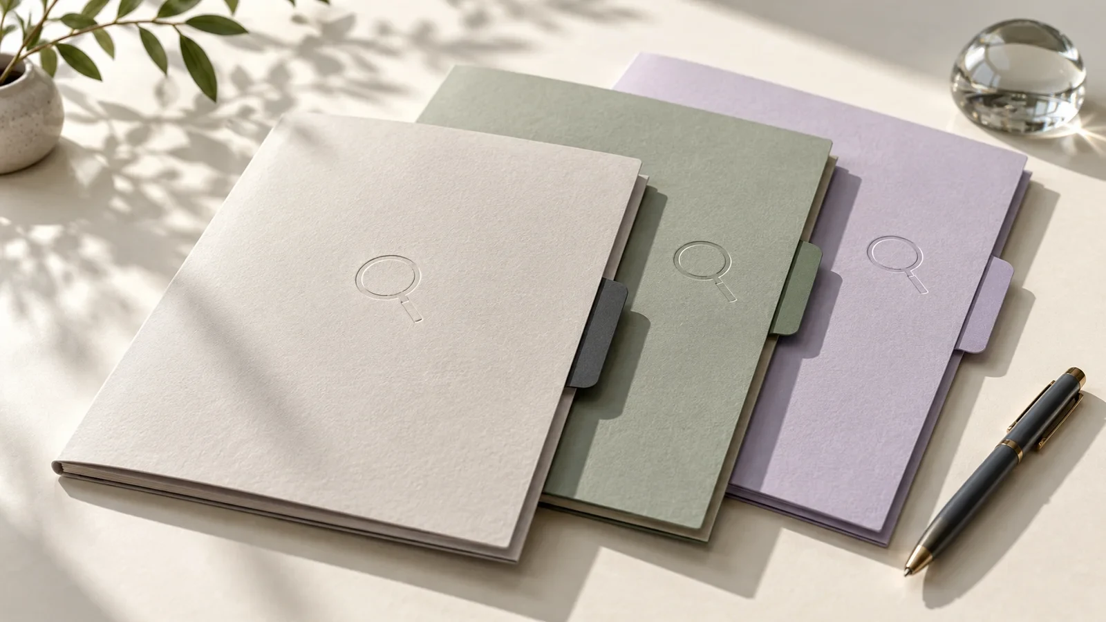 SEO proposal folders with magnifying-glass details on a light desk