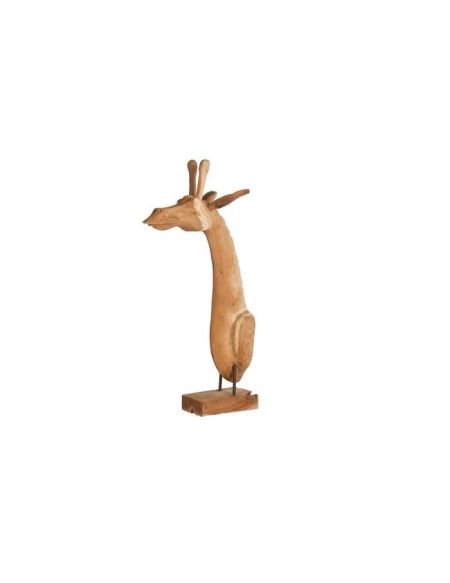 Tête de girafe en teck naturel sur socle - 27 x 40 x 83 cm - Beige naturel