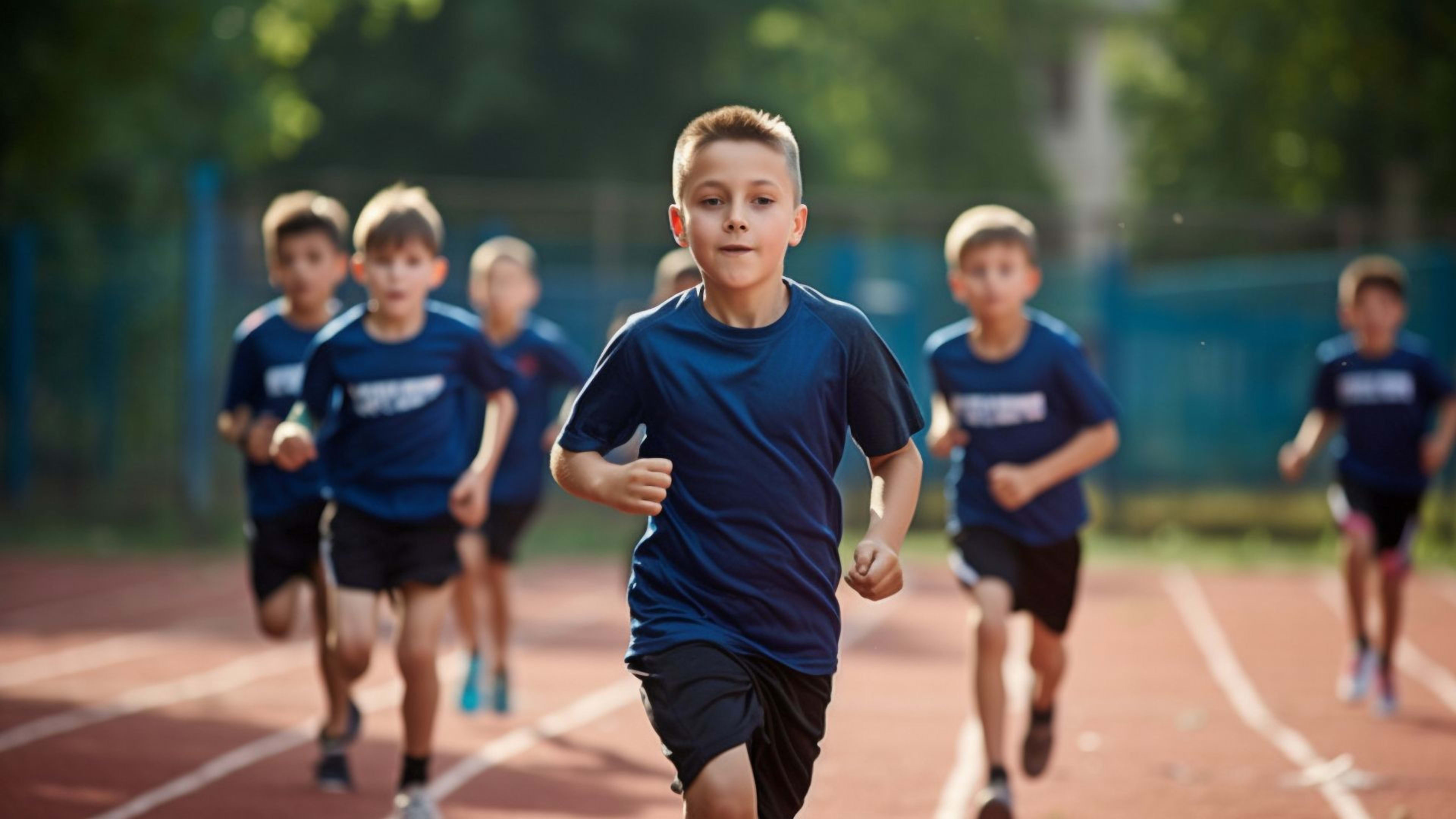 Gruppe von Kinder joggen auf einer Laufbahn