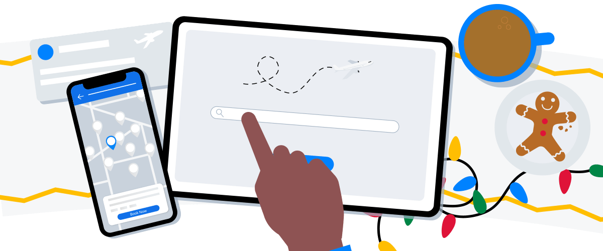 Illustration of travel booking with iPad next to SpotHero app with coffee and a gingerbread cookie