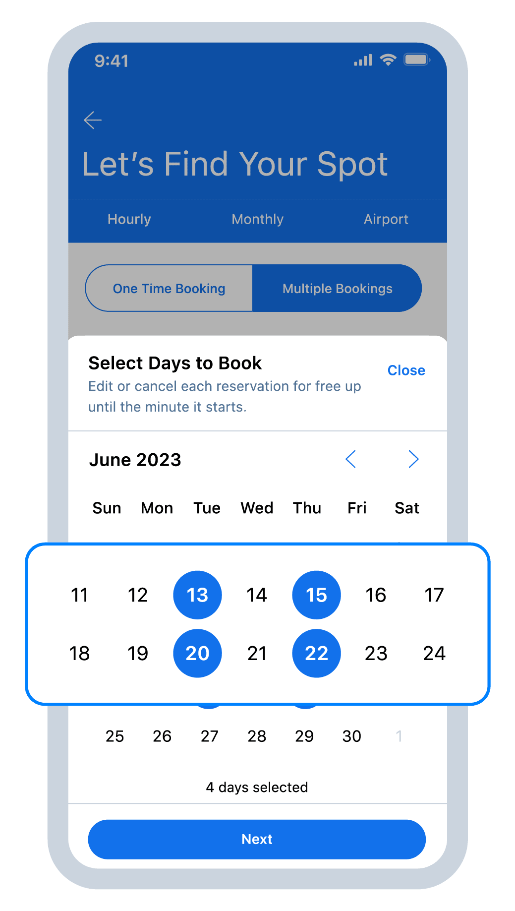 Screenshot of phone with calendar view and multiple days of the week are selected