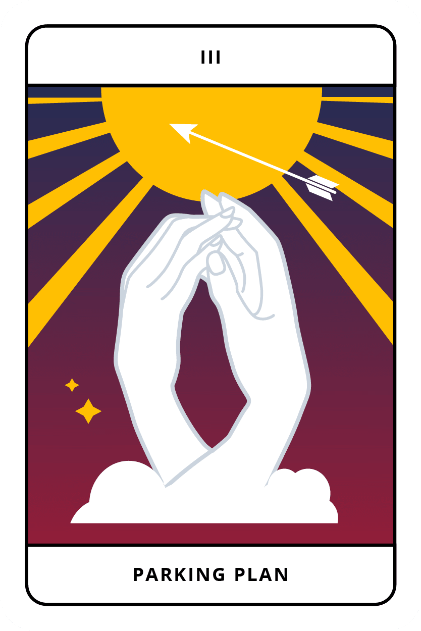 Illustration of a tarot card with hands clasped showing Parking Plan