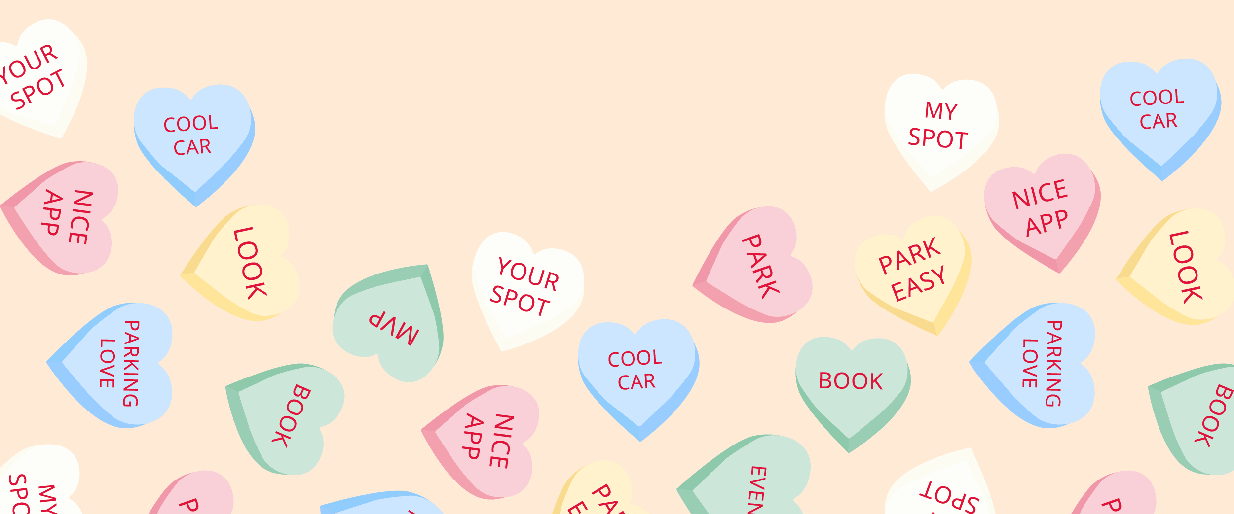 Illustration of colorful conversation hearts with various parking-related sayings