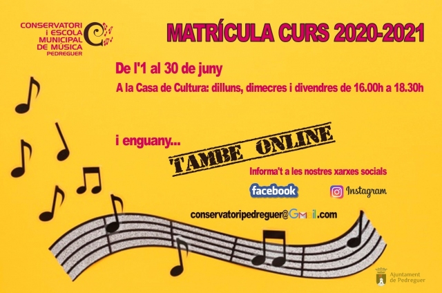 Obert el termini de matrícula al Conservatori i Escola Municipal de Música de Pedreguer pel proper curs 2020-2021
