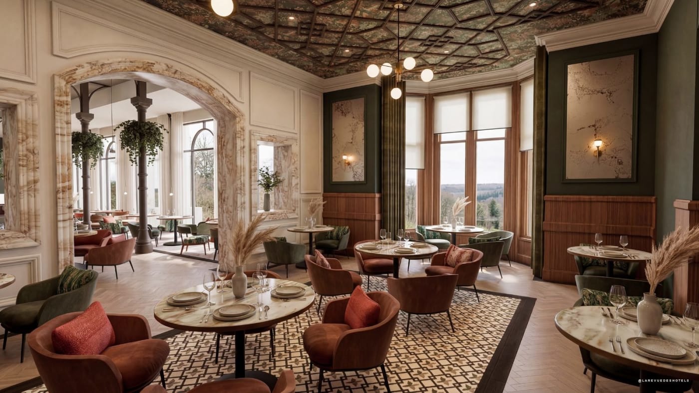 Rendu du restaurant Rialto dans l'ancienne orangerie de Rockliffe