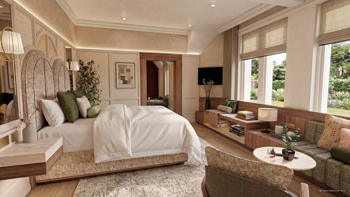Rendu de la suite Brackenvale, chambre et coin salon