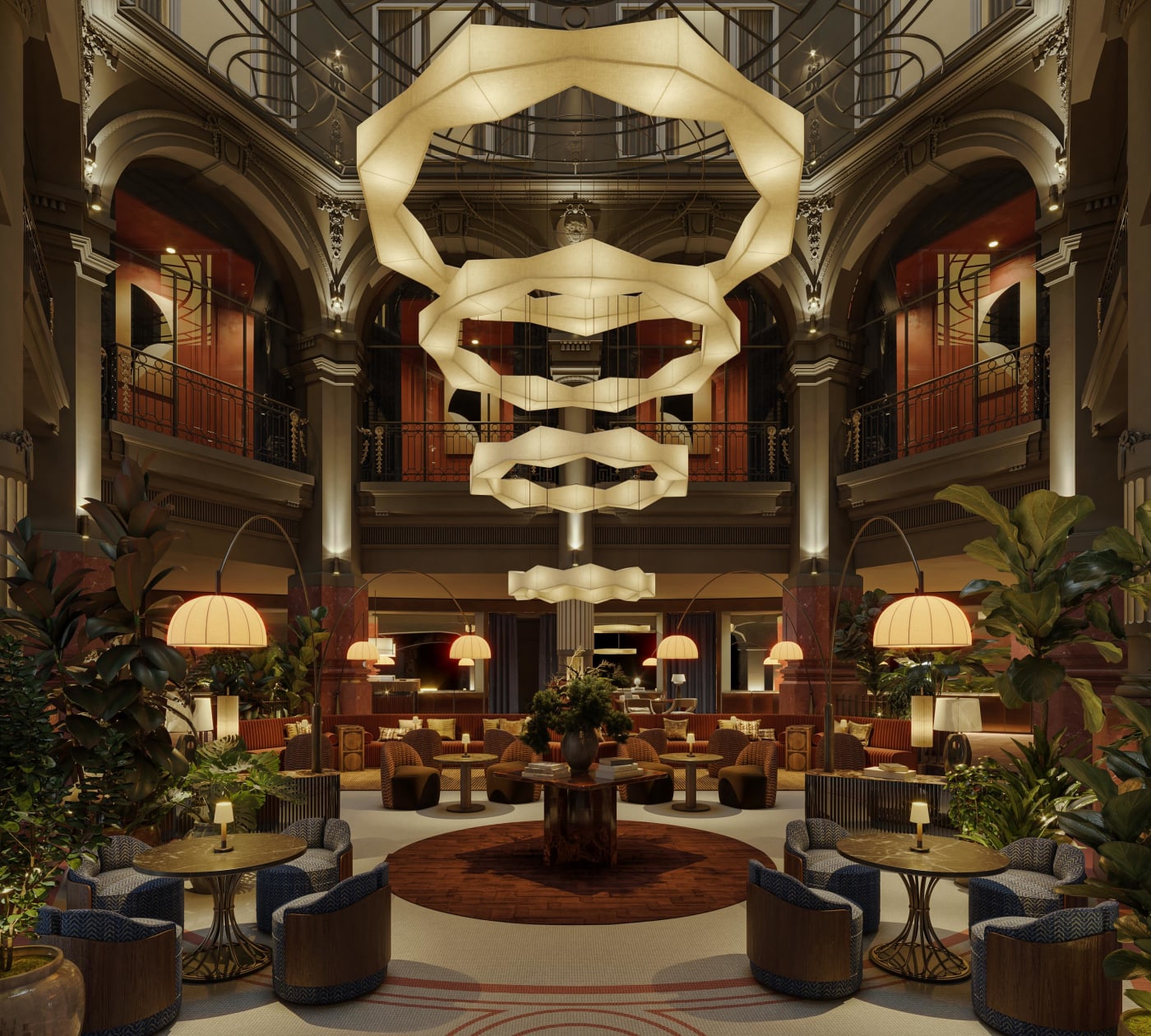 Render del atrio con claraboya del Banke Opéra Paris, A Radisson Collection Hotel