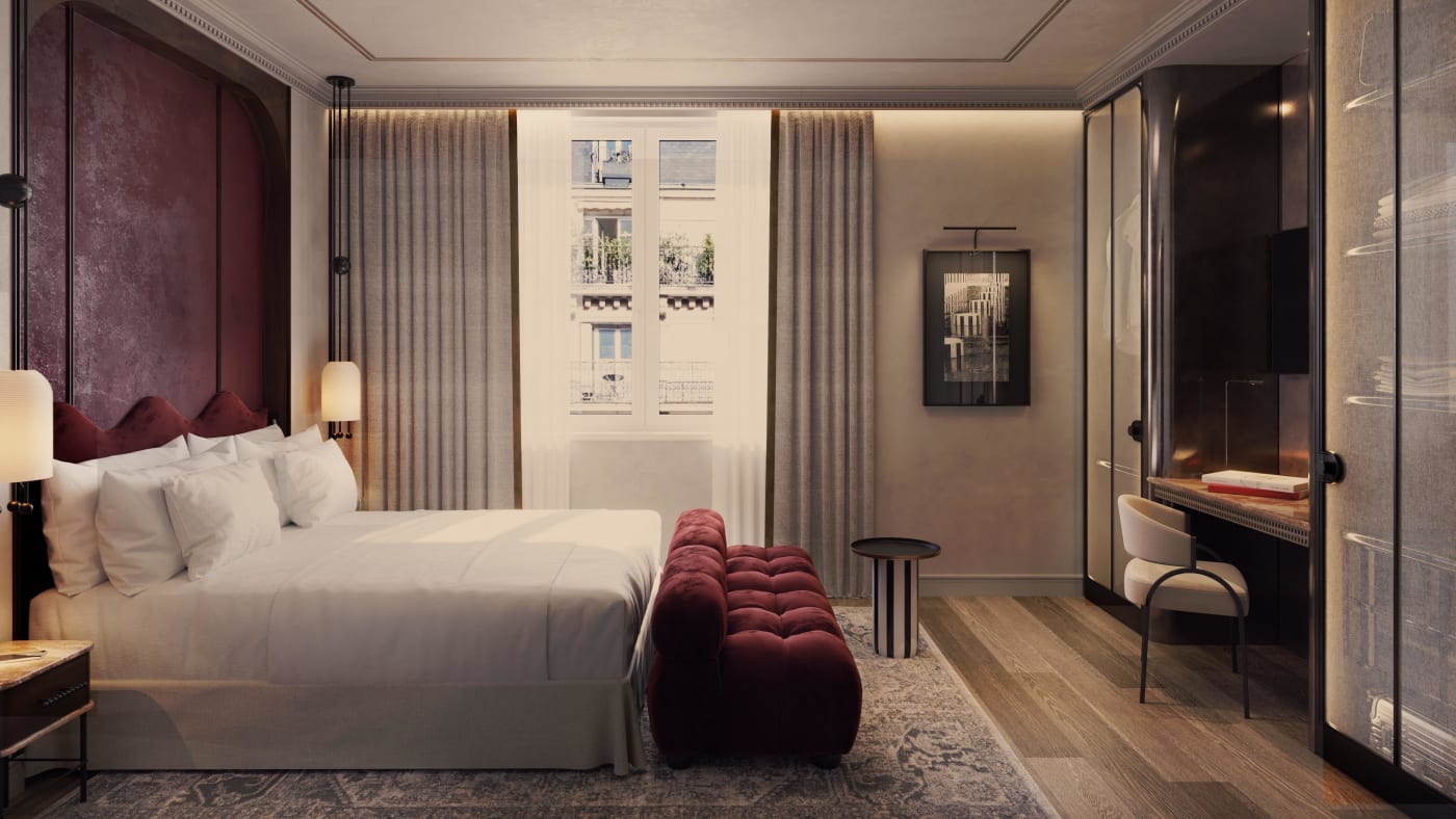 Render de una habitación del futuro Banke Opéra Paris, cabecera de cama burdeos