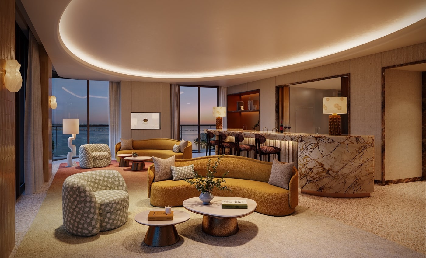 Render do lounge do 19º andar da torre norte do Mandarin Oriental, Miami