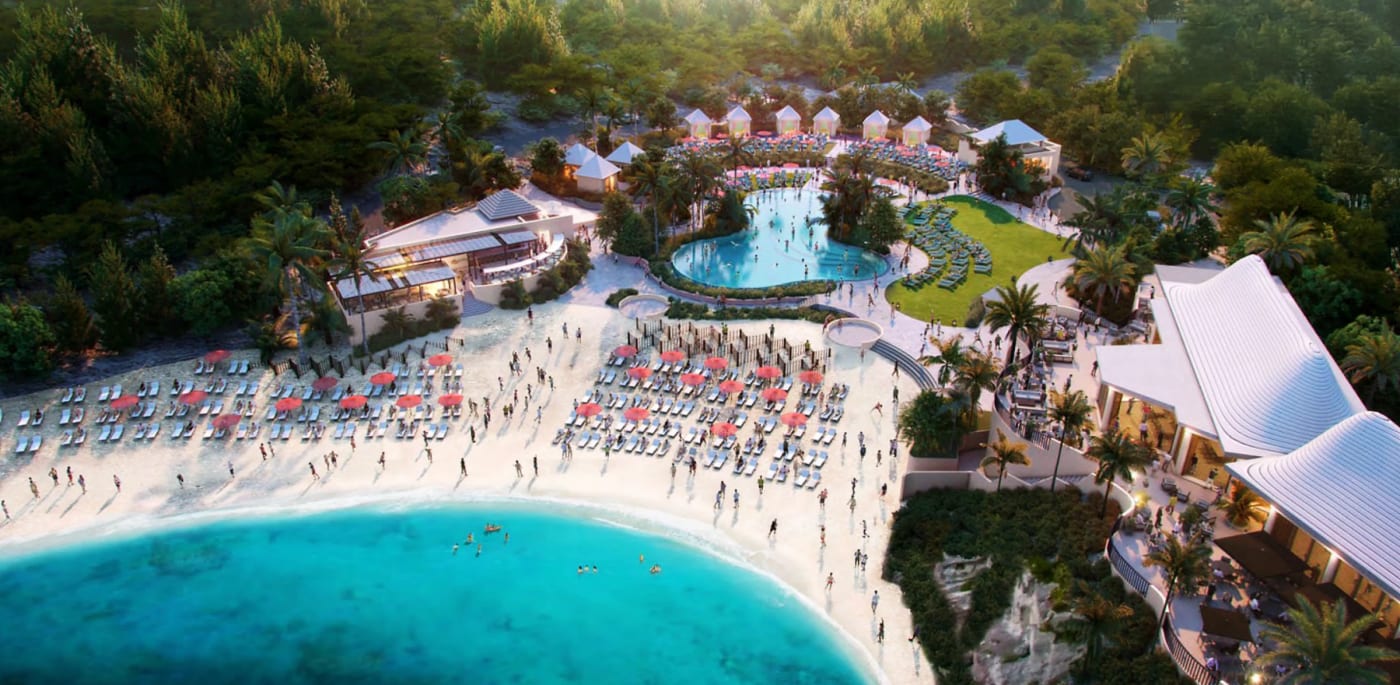 Rendu de la vue aérienne du Palmetto Beach Club du Fairmont Southampton, plage et piscine