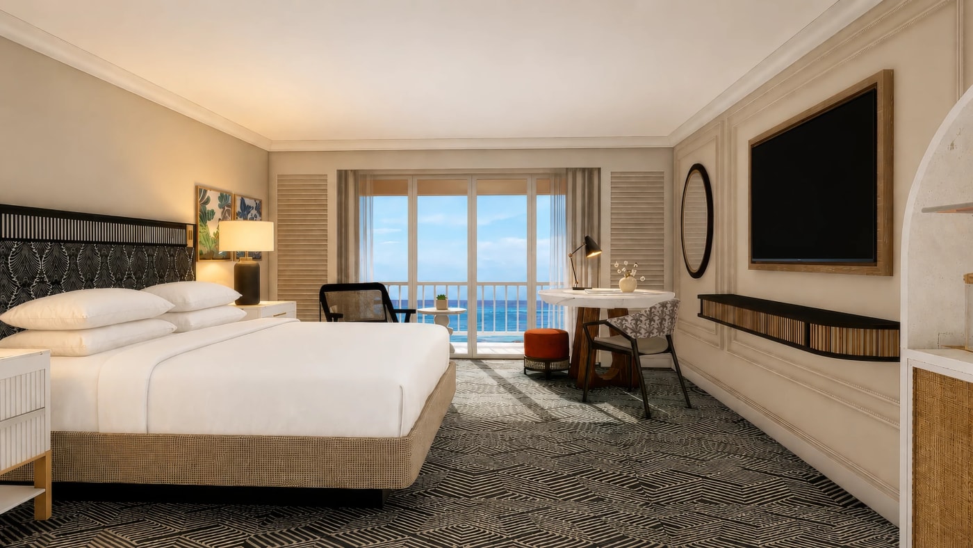 Rendu d'une chambre rénovée du Fairmont Southampton avec balcon sur la mer