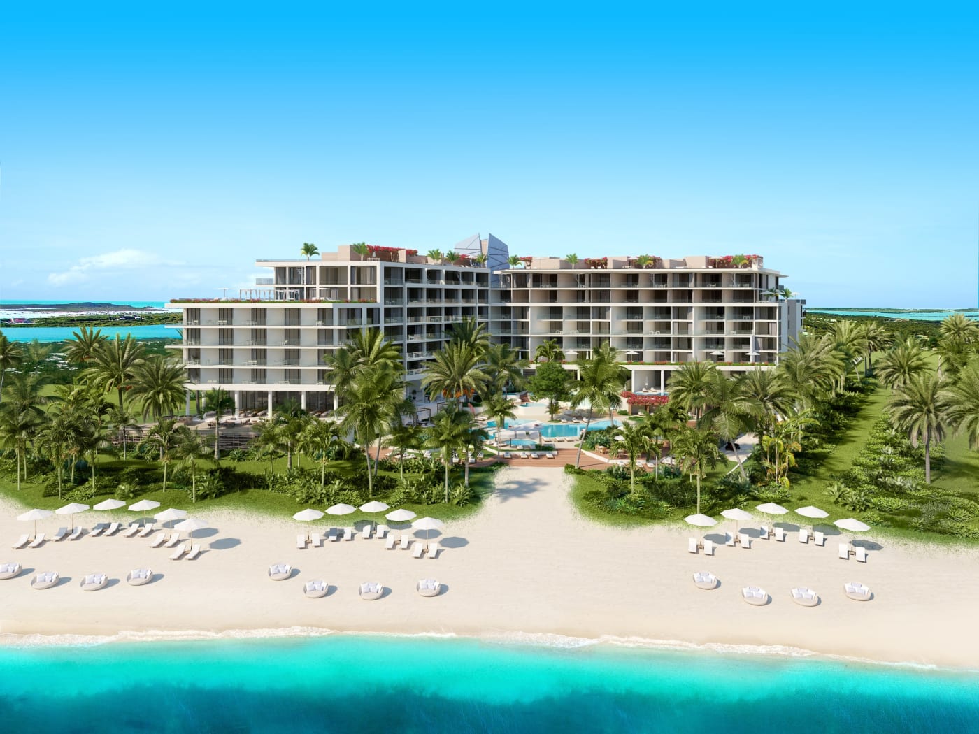 Rendu de l'Andaz Turks & Caicos at Grace Bay vu depuis la plage de Grace Bay, ses deux bâtiments, ses palmiers et ses transats
