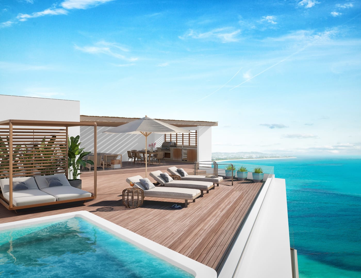 Rendu du toit-terrasse d'un penthouse de l'Andaz Turks & Caicos avec piscine privée face à la mer