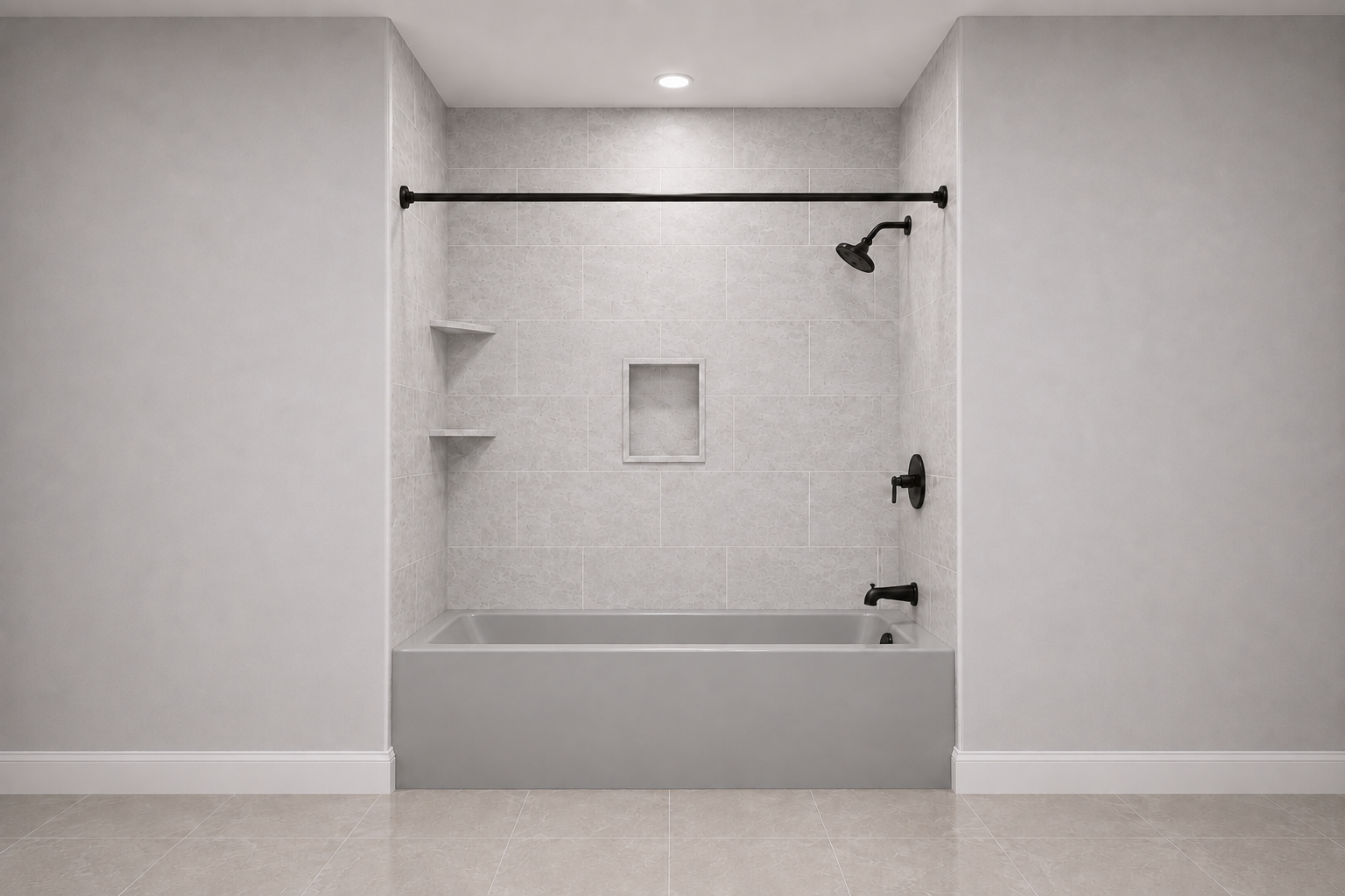 Polar Frost grout-free shower with bright white marbled walls