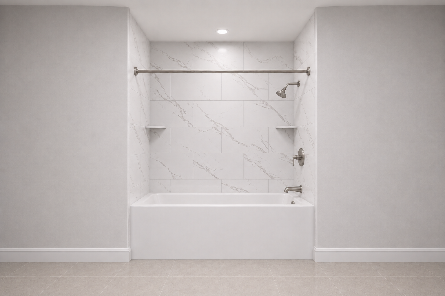 Carrara marble-look grout-free shower with soft grey veining