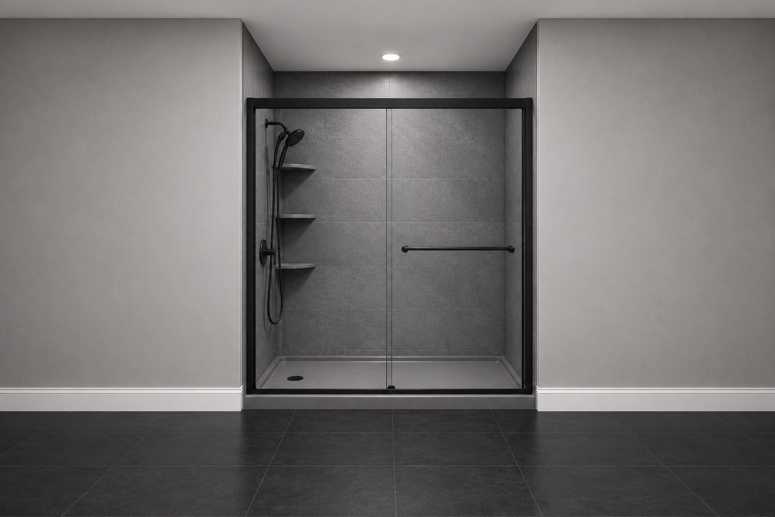Cracked slate grout-free shower with dark textured walls