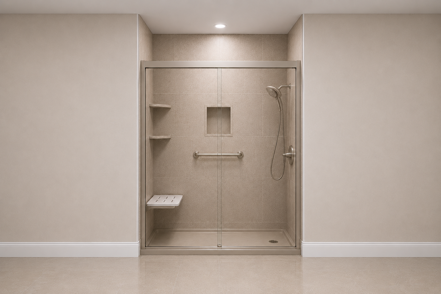Venetian marble-look grout-free shower in warm stone tones