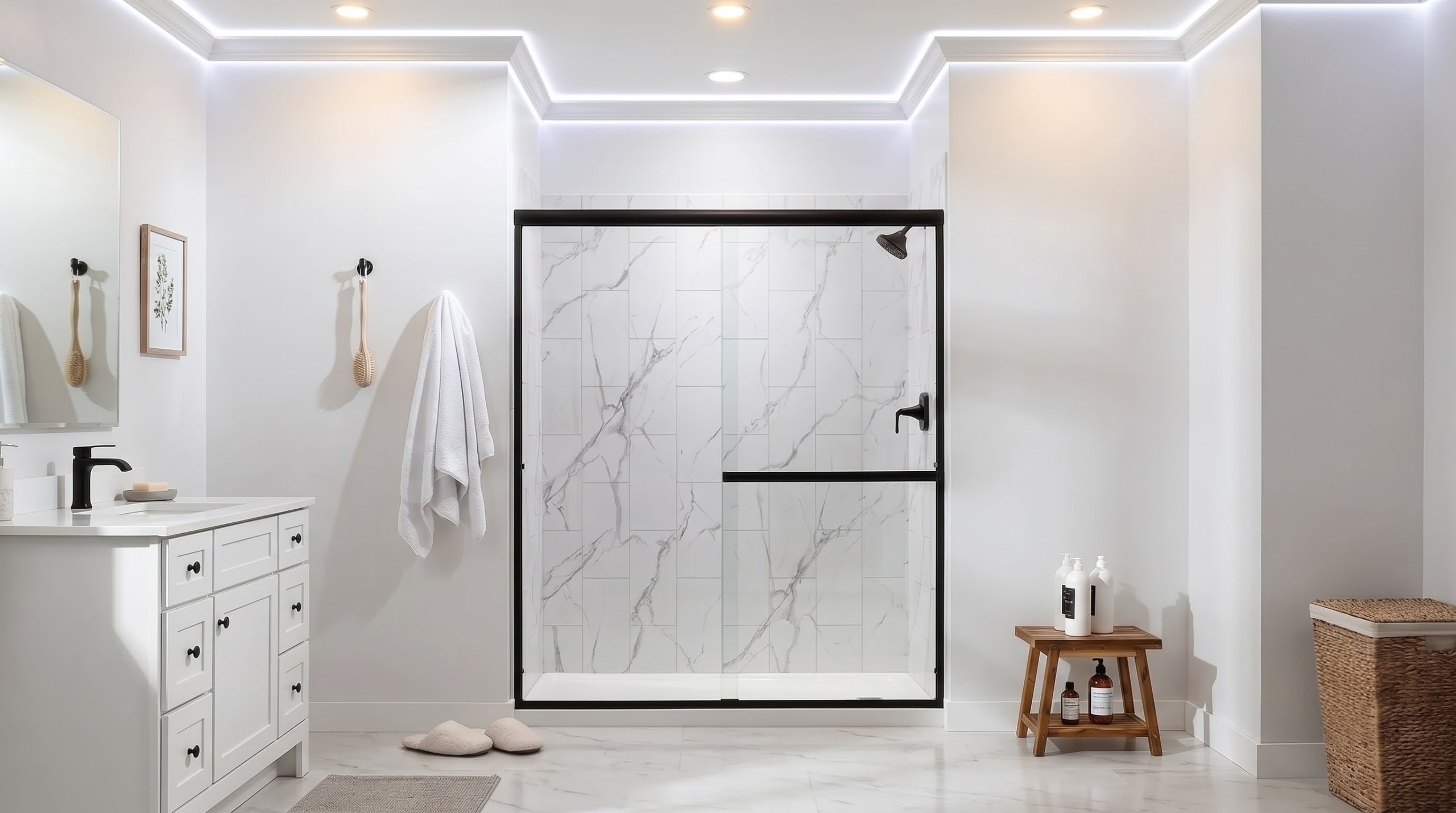 Remodeled walk-in shower with frameless glass and matte black rainfall shower head