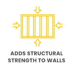 wooden wall with studs with arrows on each side pointing to the wall