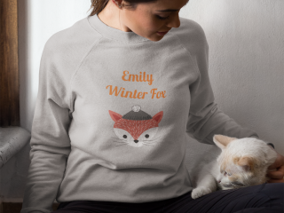 Women wears a customized sweatshirt while cuddling a cat