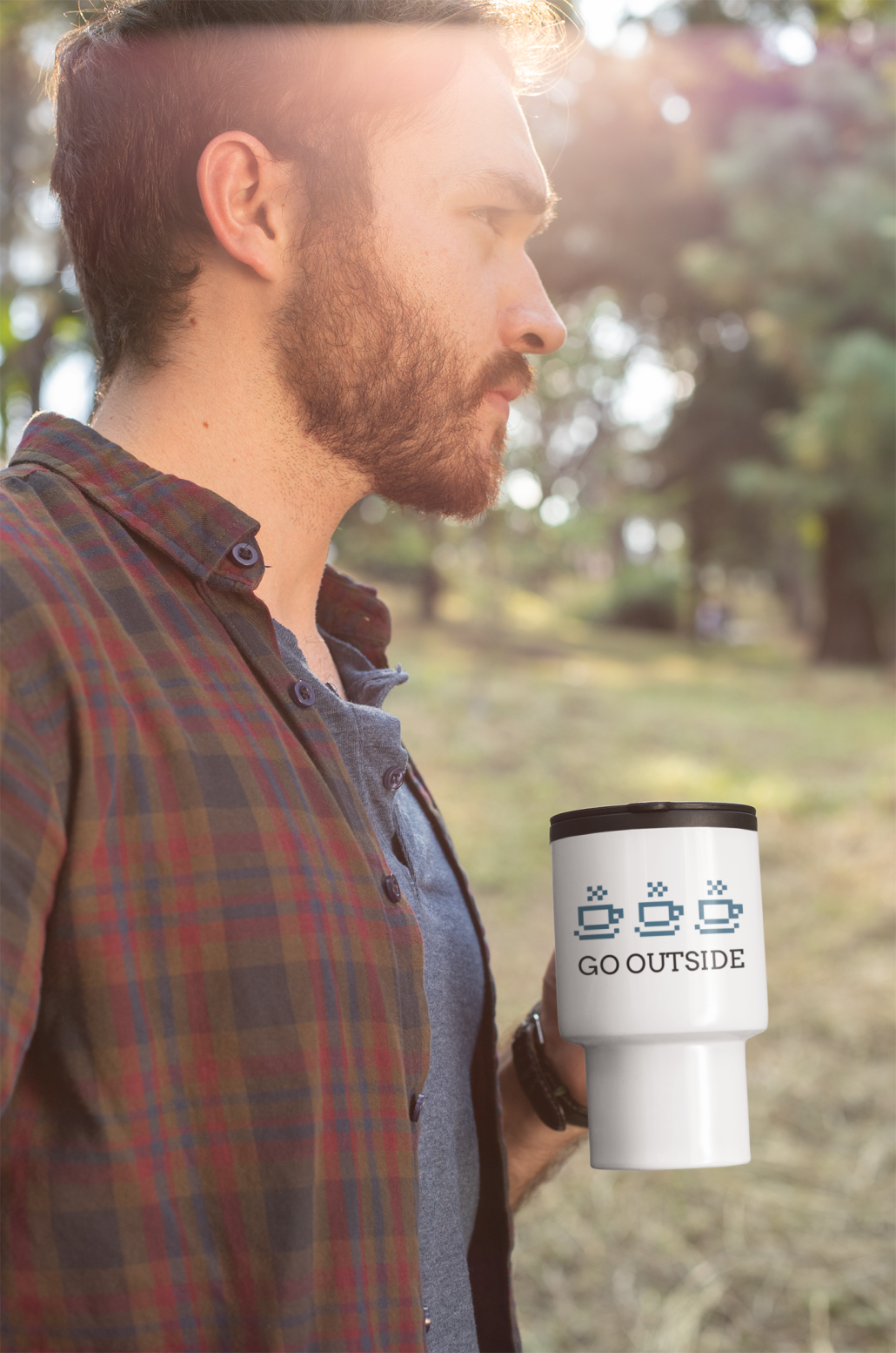 man with a custom travel mug