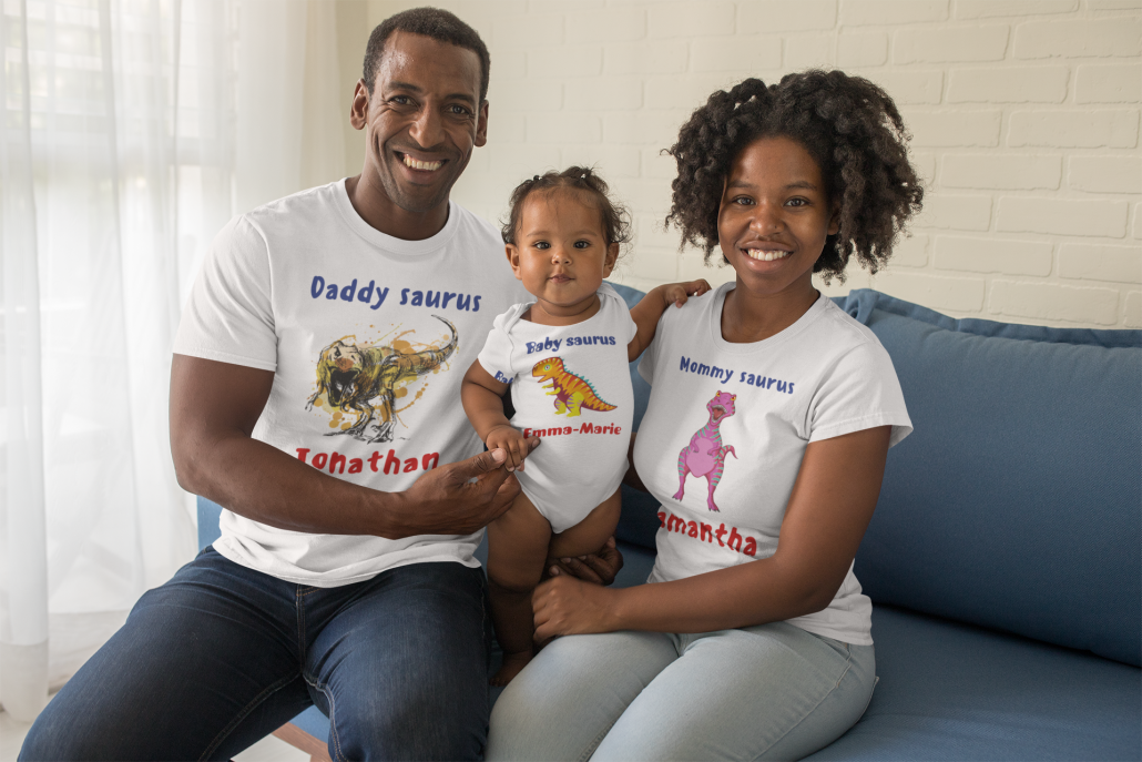 Family with matching customized saurus shirts