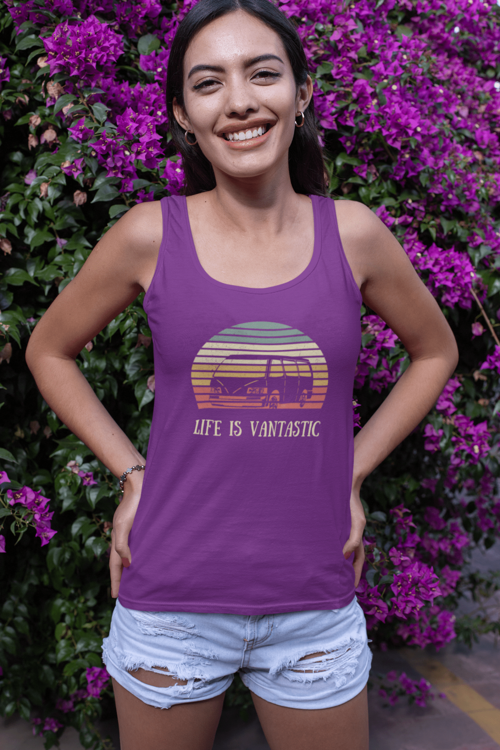 Girl with custom tank top & purple flowers