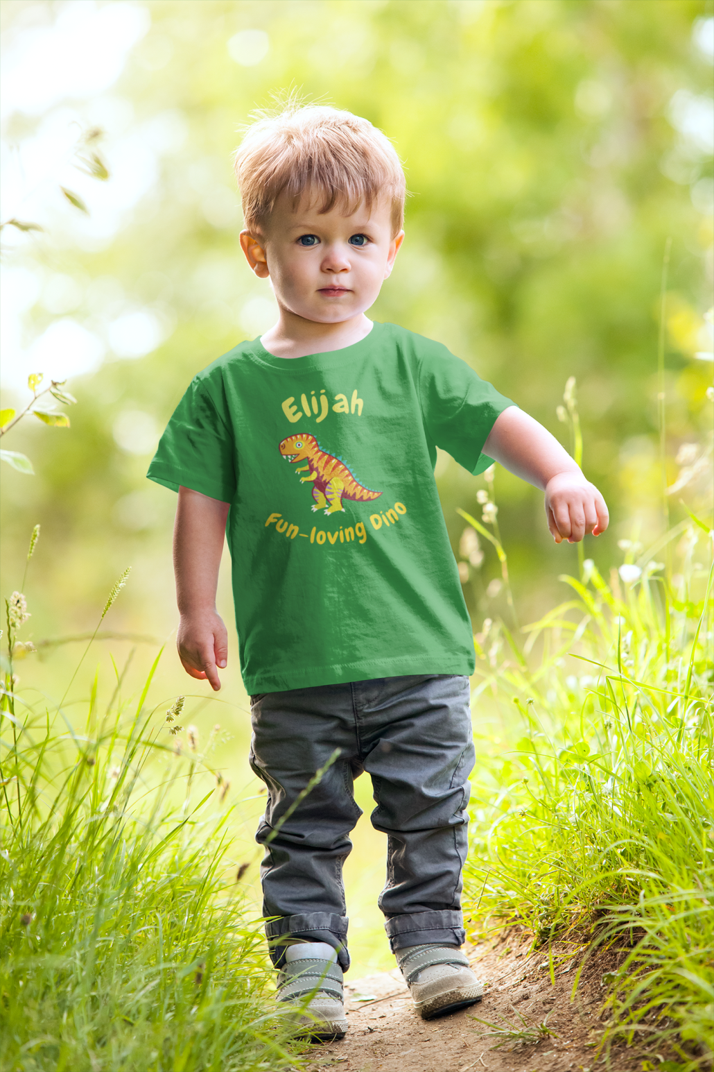 Boy with custom dinosaur T-shirt