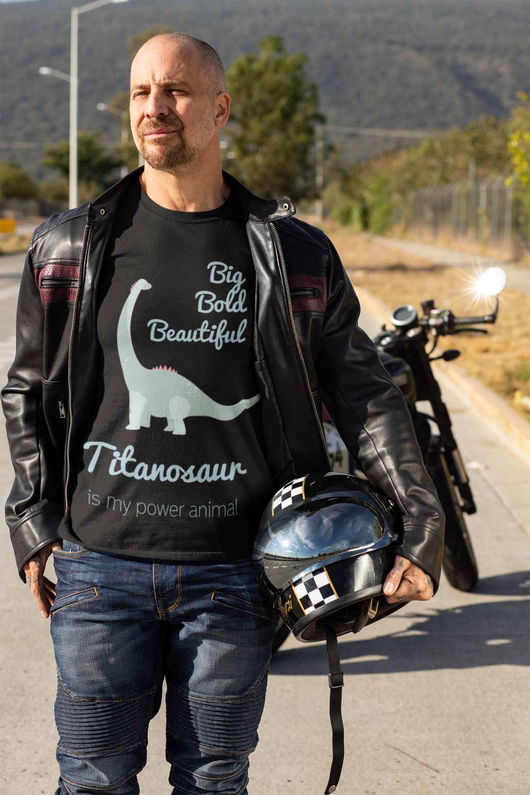 Guy with custom dinosaur T-shirt