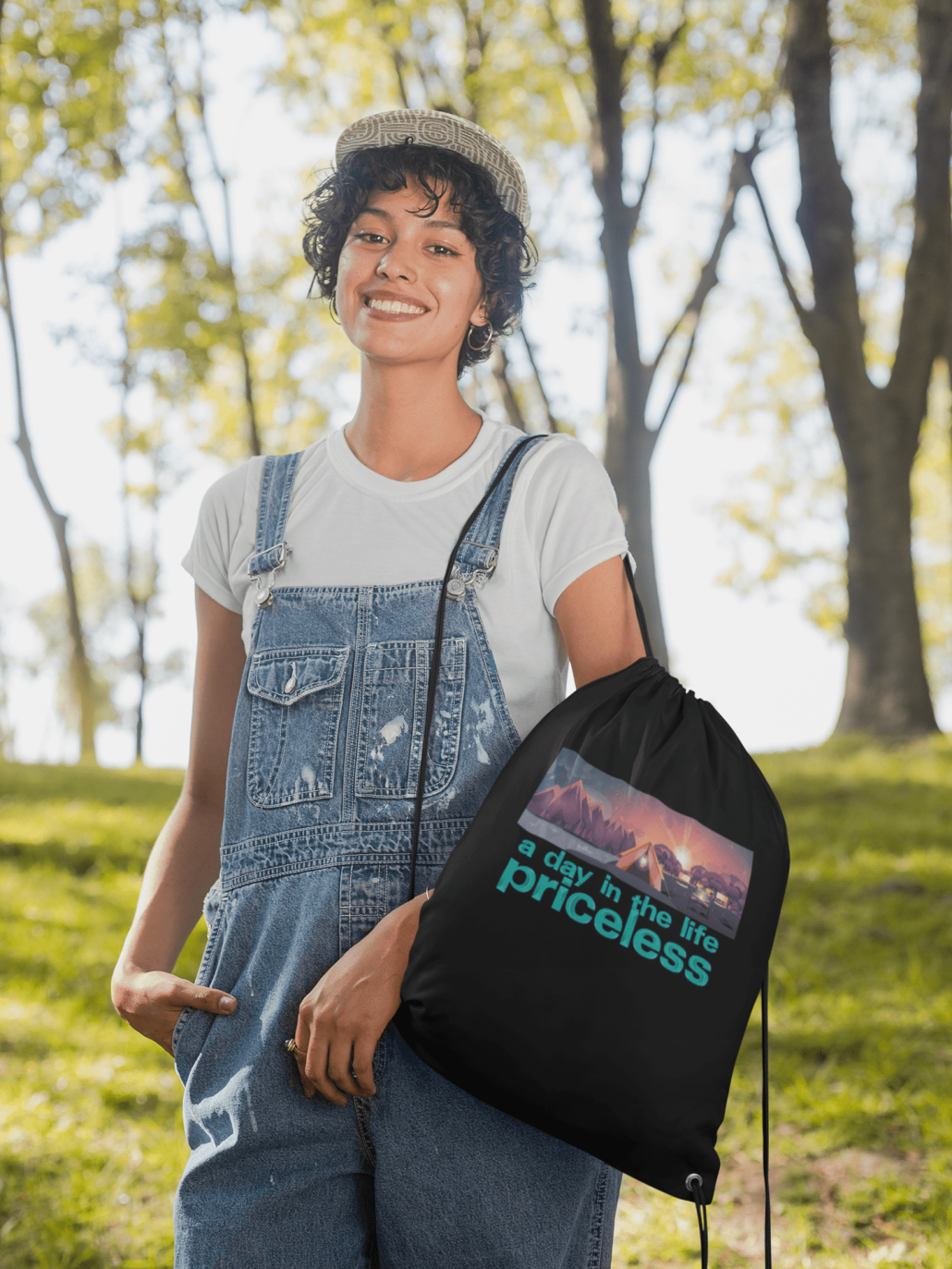 Drawstring bag with custom design and text