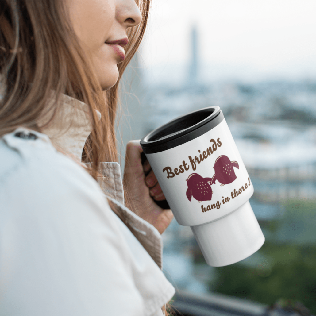 Woman with custom travel mug