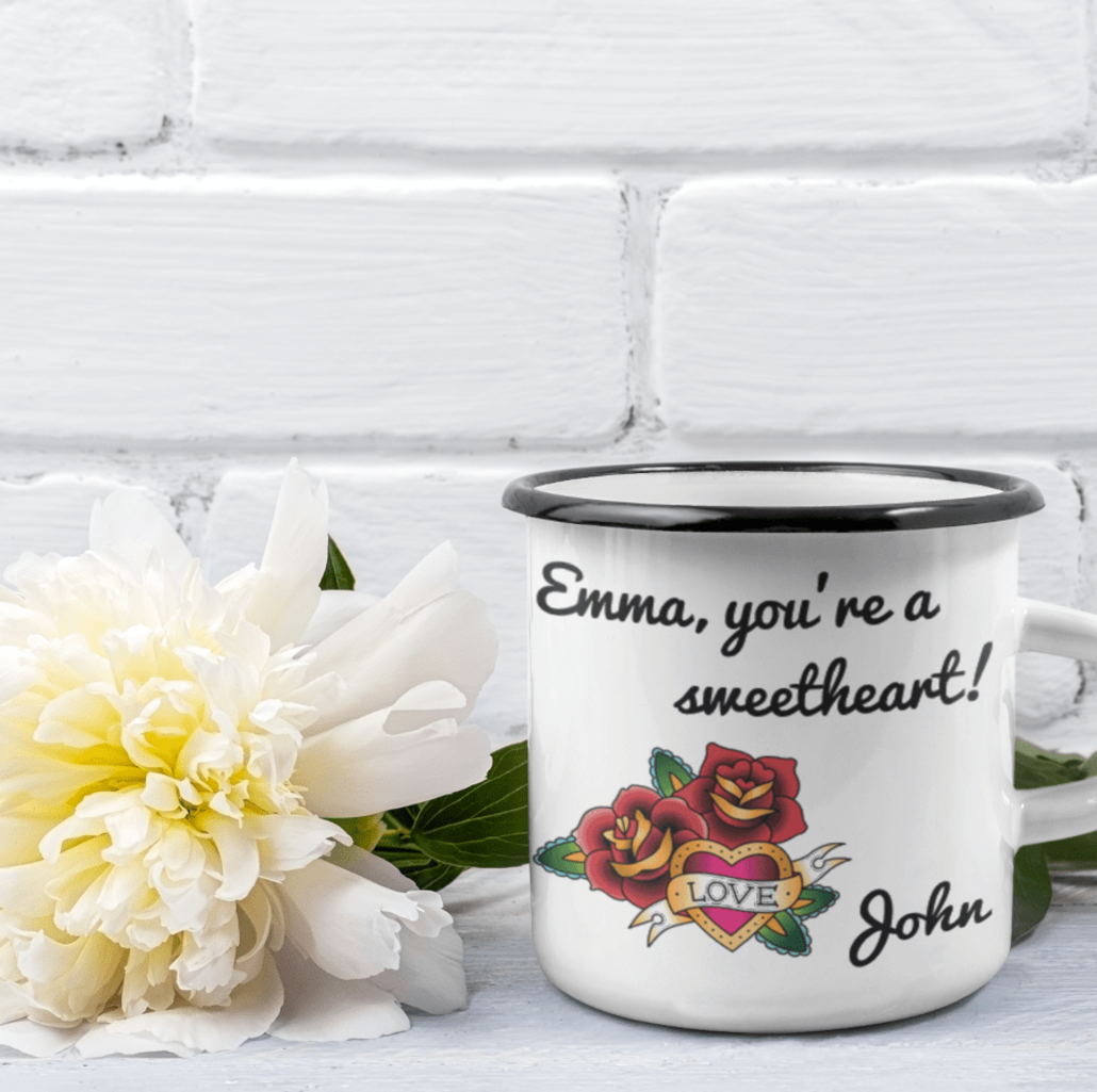 Custom enamel mug with rose design and text