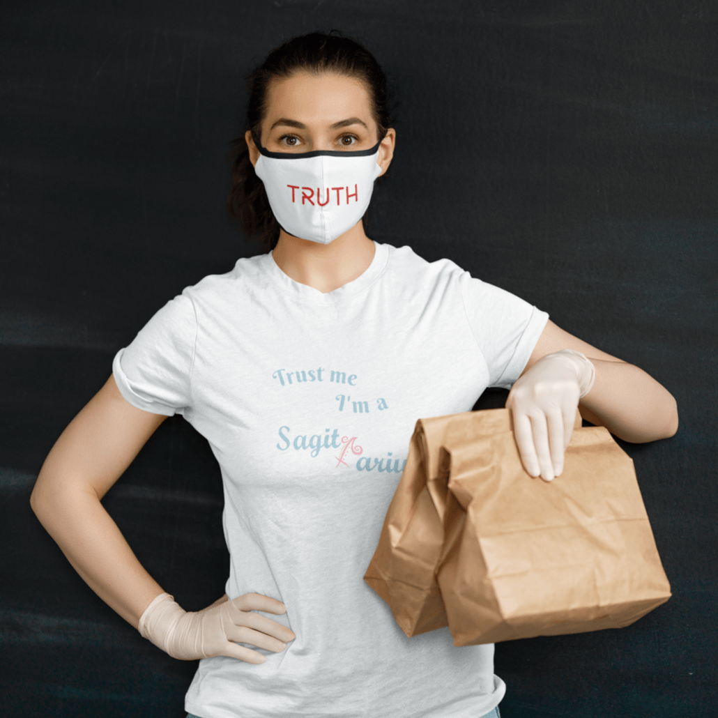 Woman with custom face mask and grocery bags