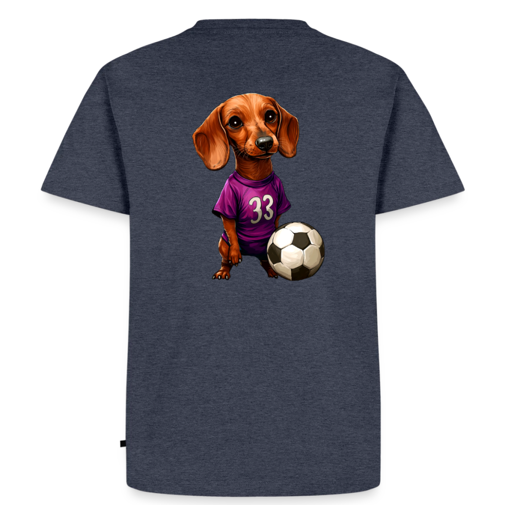 Dunkelgraues T-Shirt mit Illustration eines Dackels im lila Trikot mit der Nummer 33 neben einem Fußball.