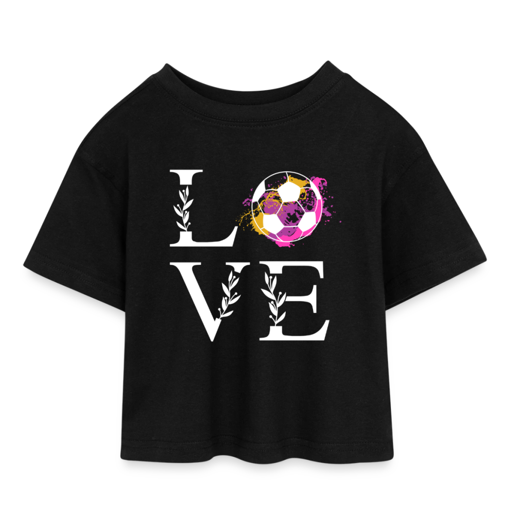 Schwarzes Kinder-T-Shirt „LOVE“ mit buntem Fußball als O, ein kreatives Fußballgeschenk für Kinder.