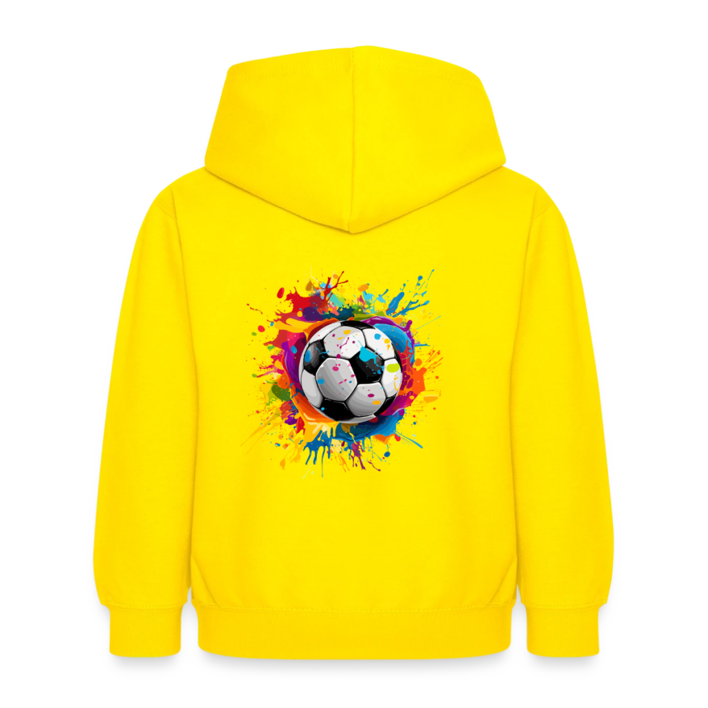 Gelber Hoodie mit bunter Farbspritzer-Grafik eines Fußballs mittig auf dem Rücken.