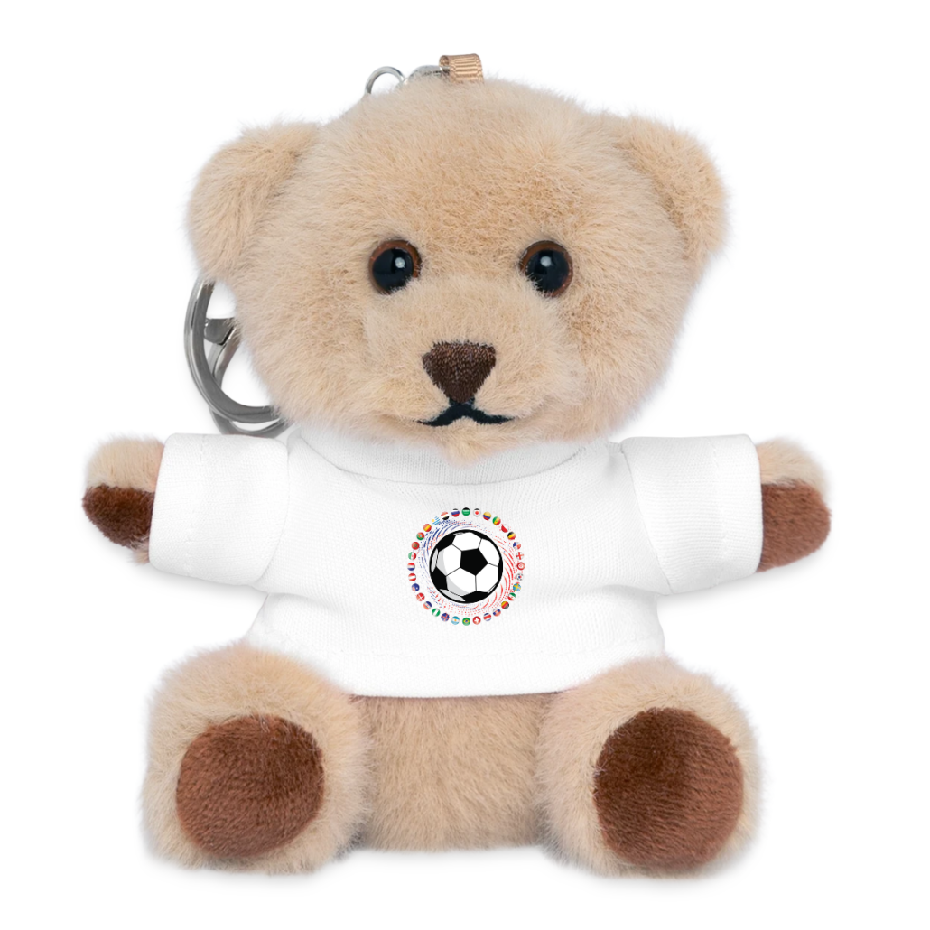 Plüsch-Teddybär als Schlüsselanhänger mit weißem T-Shirt und Fußballmotiv aus internationalen Flaggen.