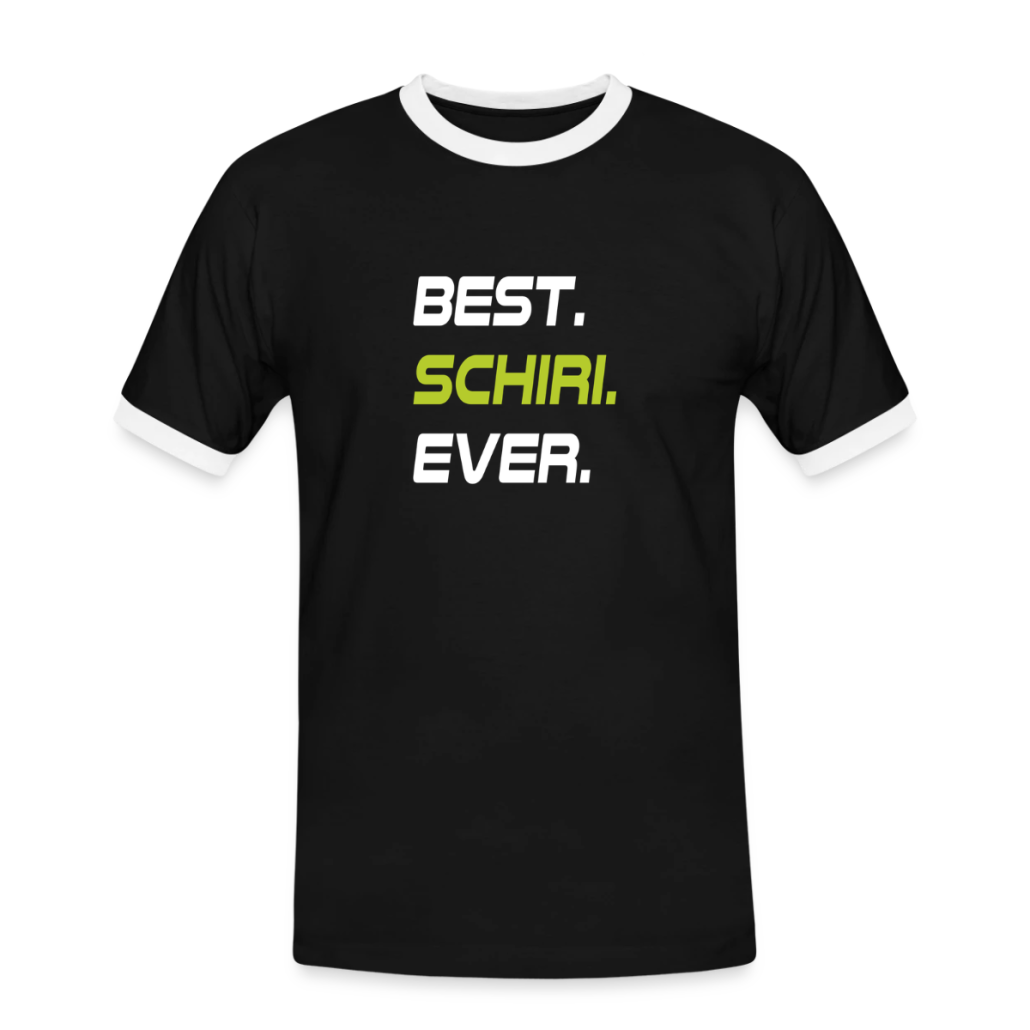 Schwarzes T-Shirt mit weißem Kragen und Aufdruck „Best. Schiri. Ever.“ in Weiß und Grün auf der Vorderseite.