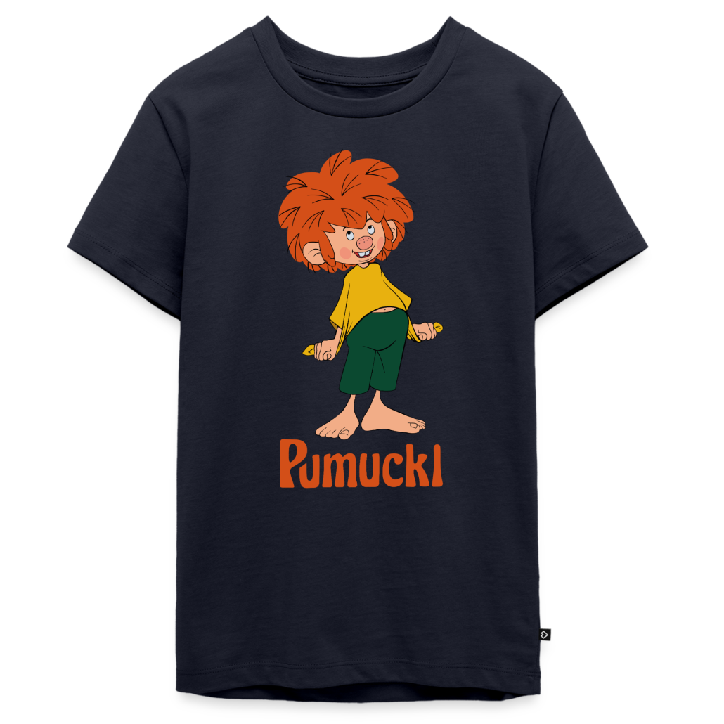 Dunkelblaues T-Shirt als offizielles Pumuckl Fan-Produkt mit Pumuckl-Motiv und orangefarbenem Schriftzug „Pumuckl“ auf der Vorderseite.