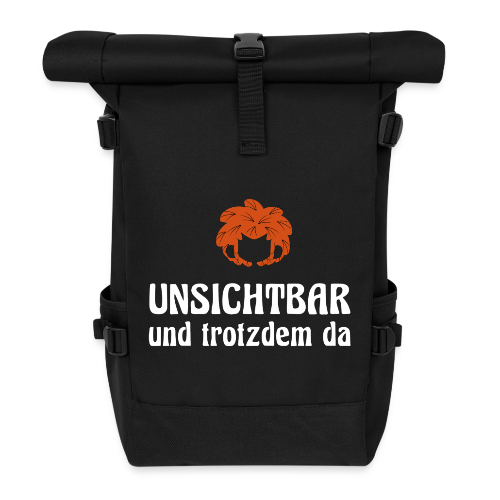 Schwarzer Rucksack als offizielles Pumuckl Fan-Produkt mit Pumuckl-Silhouette und Schriftzug „UNSICHTBAR und trotzdem da“.
