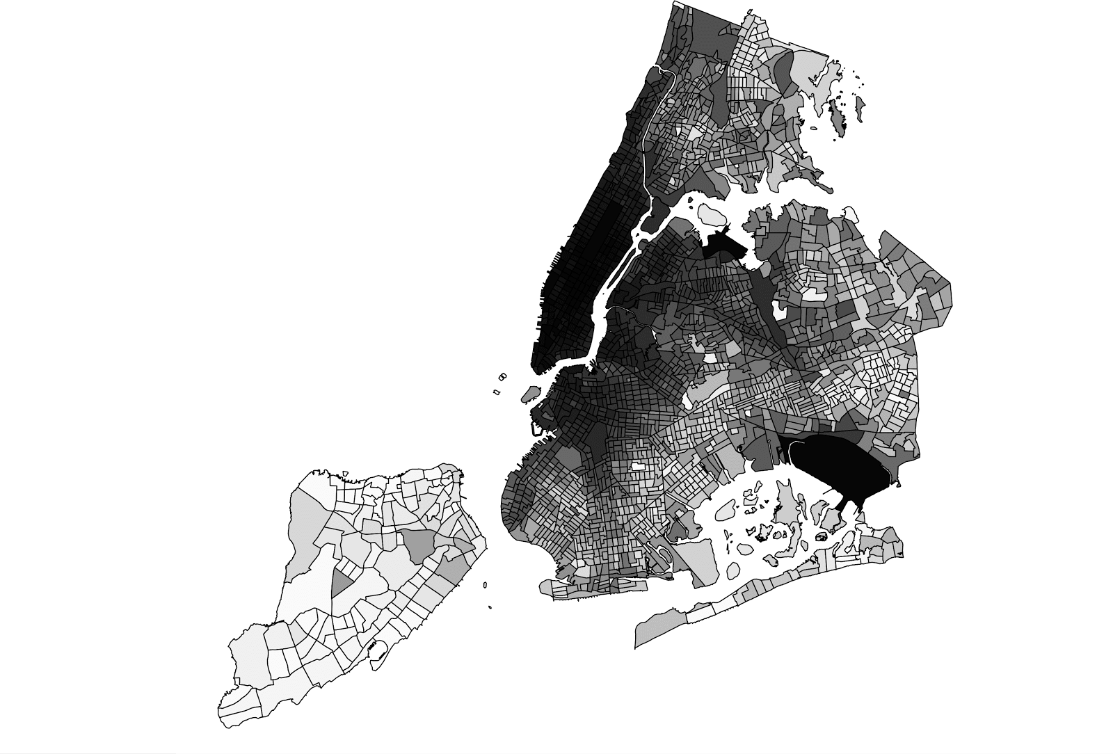 The map shows New York City, divided up by census tract. Darker census tracts have a high number of drop offs, while lighter ones have less.