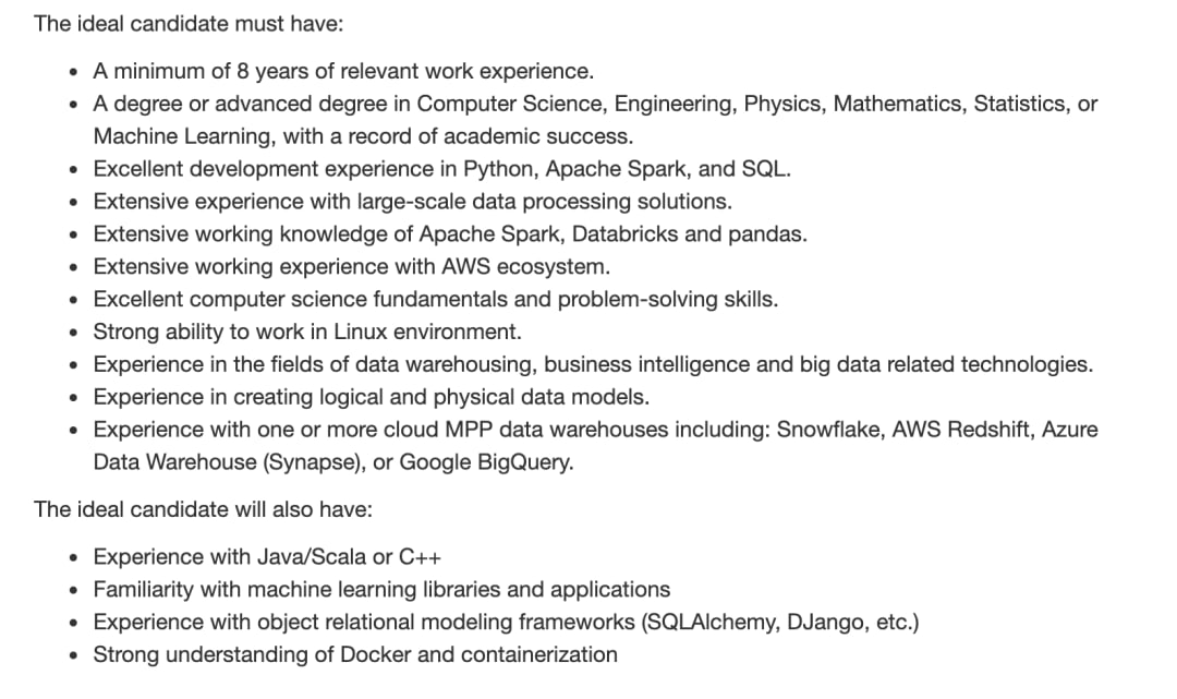 Data Engineer Job Requirements