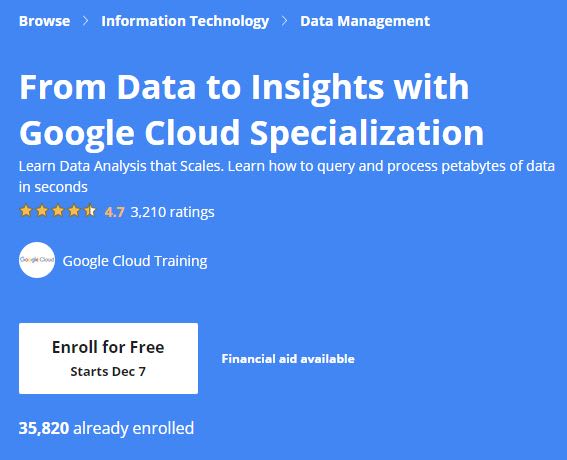 From Data to Insights With Google Cloud Specialization (Google)