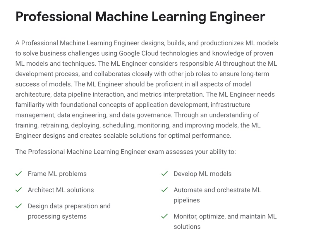 machine learning certification: Professional Machine Learning Engineer by Google