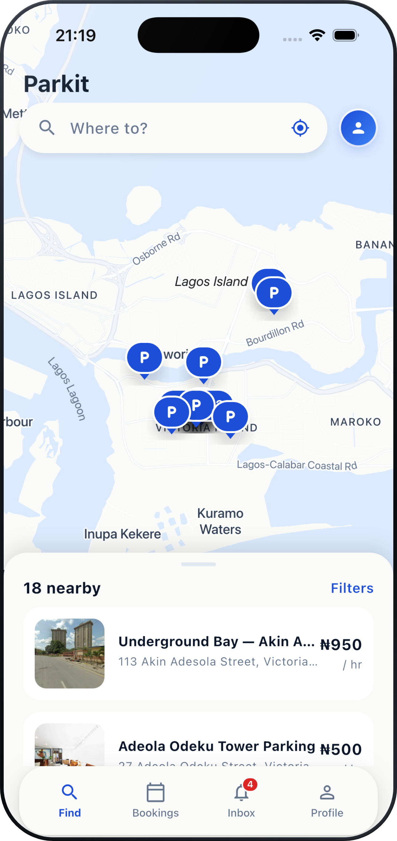 The Parkitt app showing nearby parking spaces on a map
