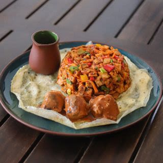 Pol Roti Chicken Kottu with Pan Fried Chicken & Cauldron Gravy