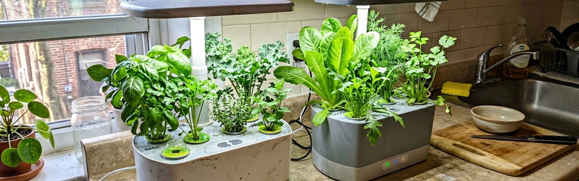 Countertop hydroponic gardens with herbs growing at different stages